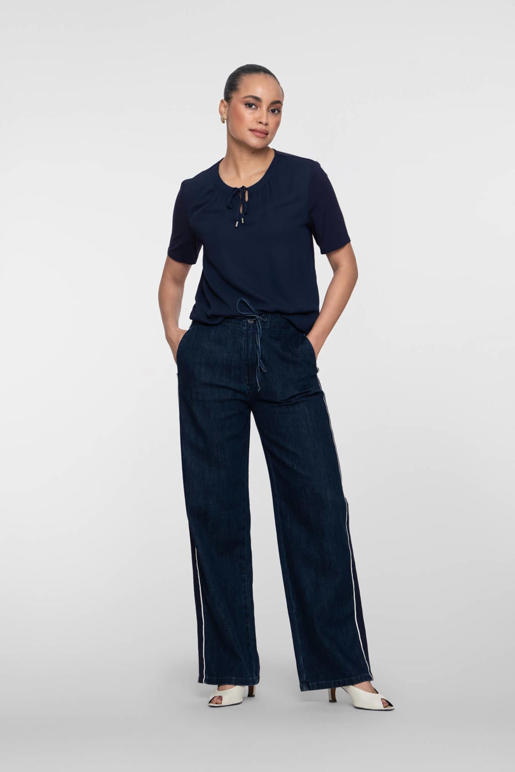 Donkerblauwe dames Geisha wide leg regular waist gestreepte casual broek van katoen met elastische tailleband met koord