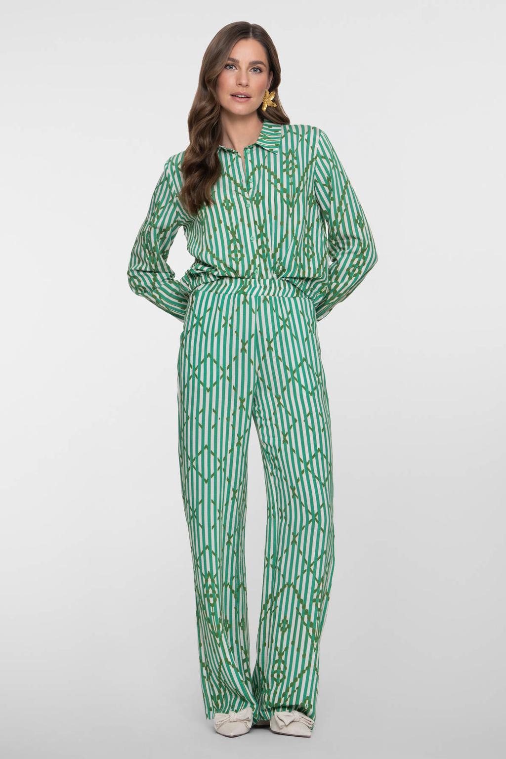 Groene dames Geisha gestreepte blouse van viscose met lange mouwen, klassieke kraag en knoopsluiting