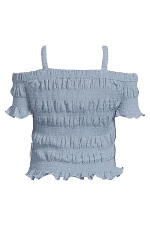 off shoulder top blauw met textuur
