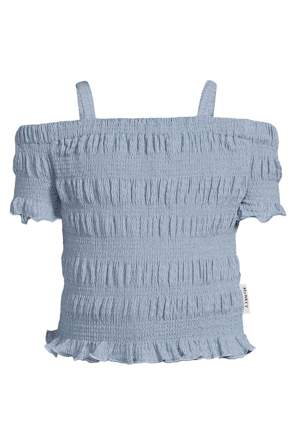 Blauwe meisjes Me & My Monkey off shoulder top van polyester met korte mouwen en ruches