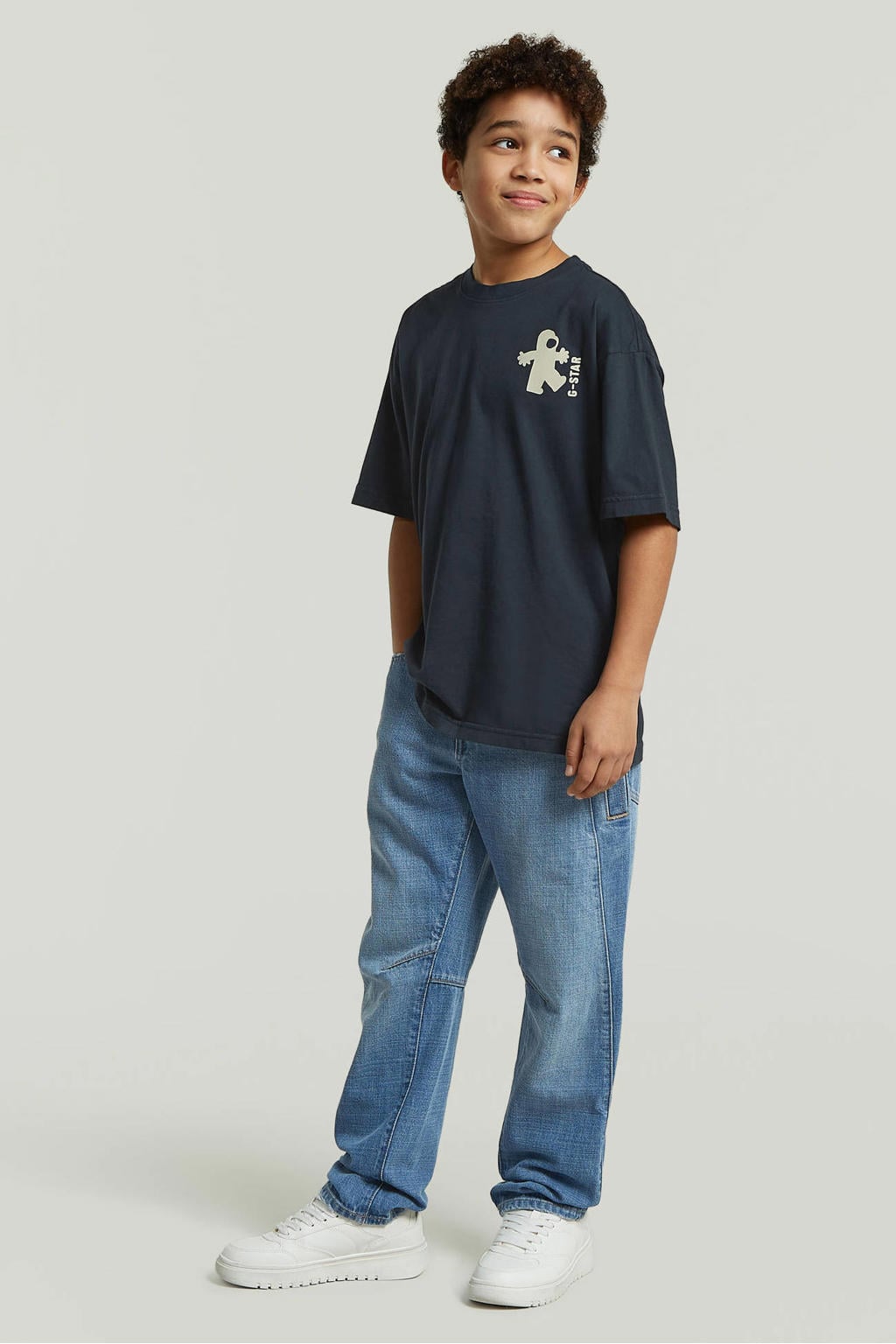 Donkerblauwe jongens G-STAR T-shirt van katoen met backprint, korte mouwen en ronde hals