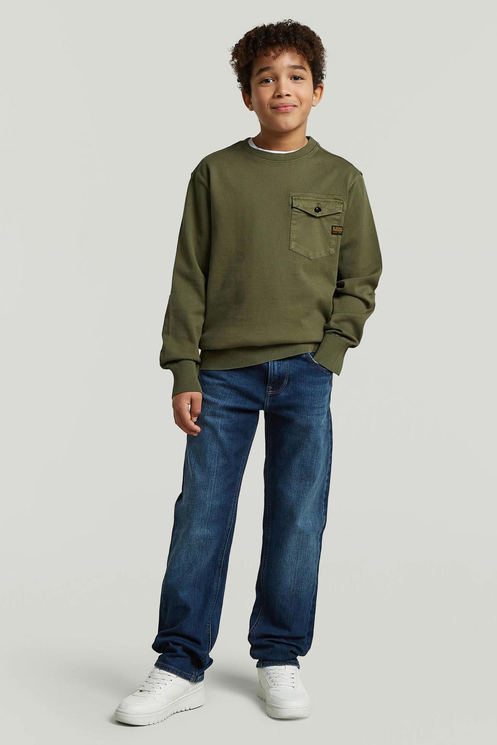 Groene jongens G-STAR sweater met effen, lange mouwen en ronde hals