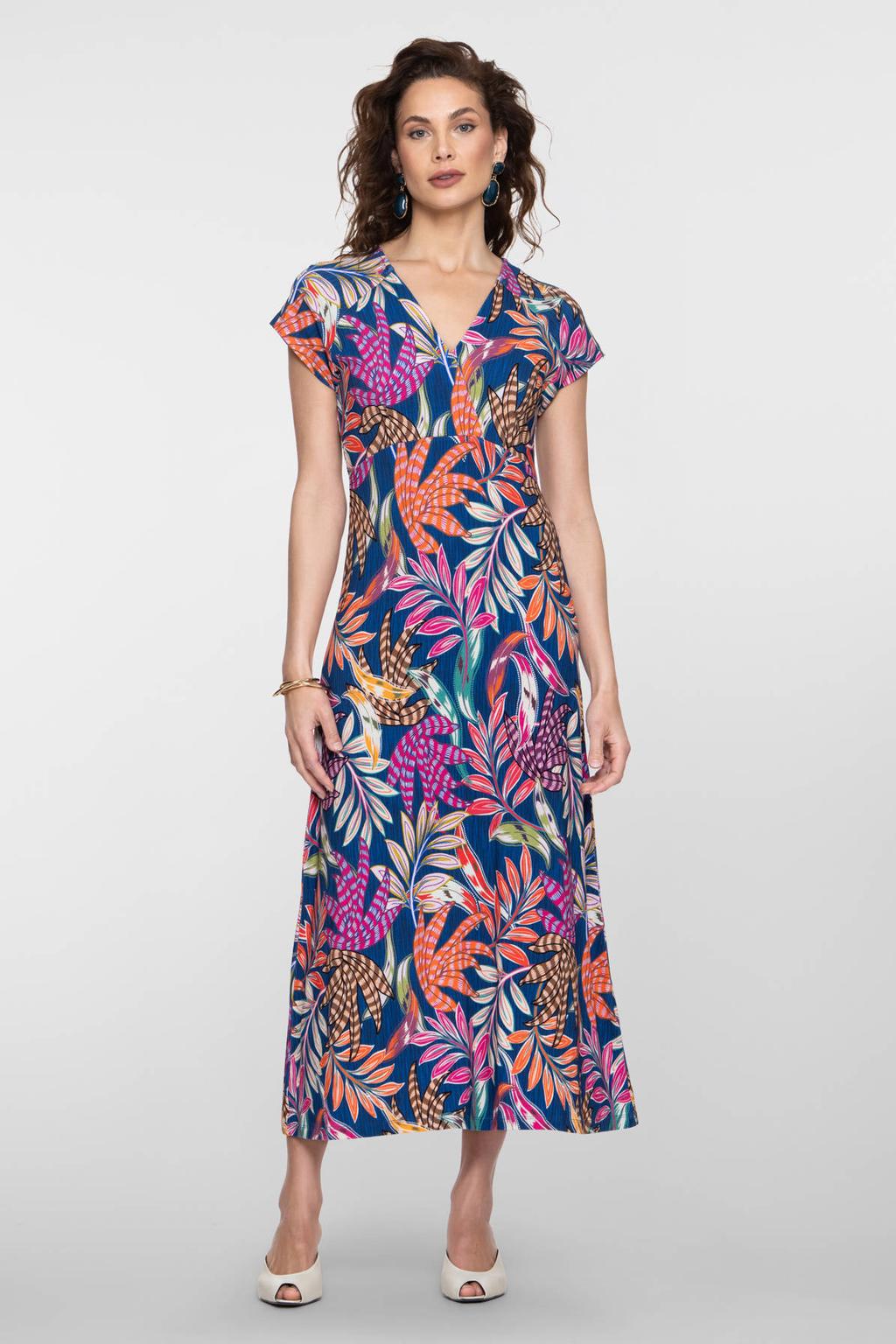 Multikleurige dames Geisha gebloemde midi jurk van viscose met korte mouwen en V-hals