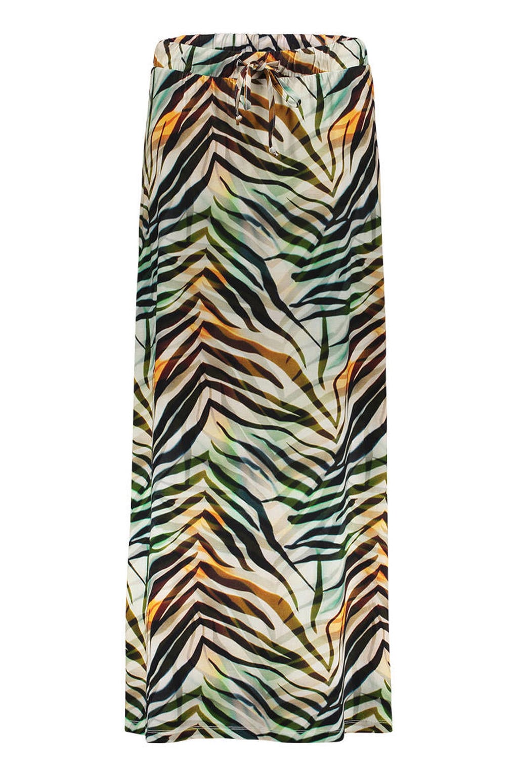 Groen, zwart en oranje dames Geisha kokerrok gemaakt van viscose en met elastische tailleband met koord