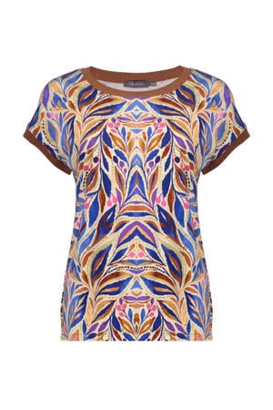 rechtvallende top met contrast bies en print - blauw
