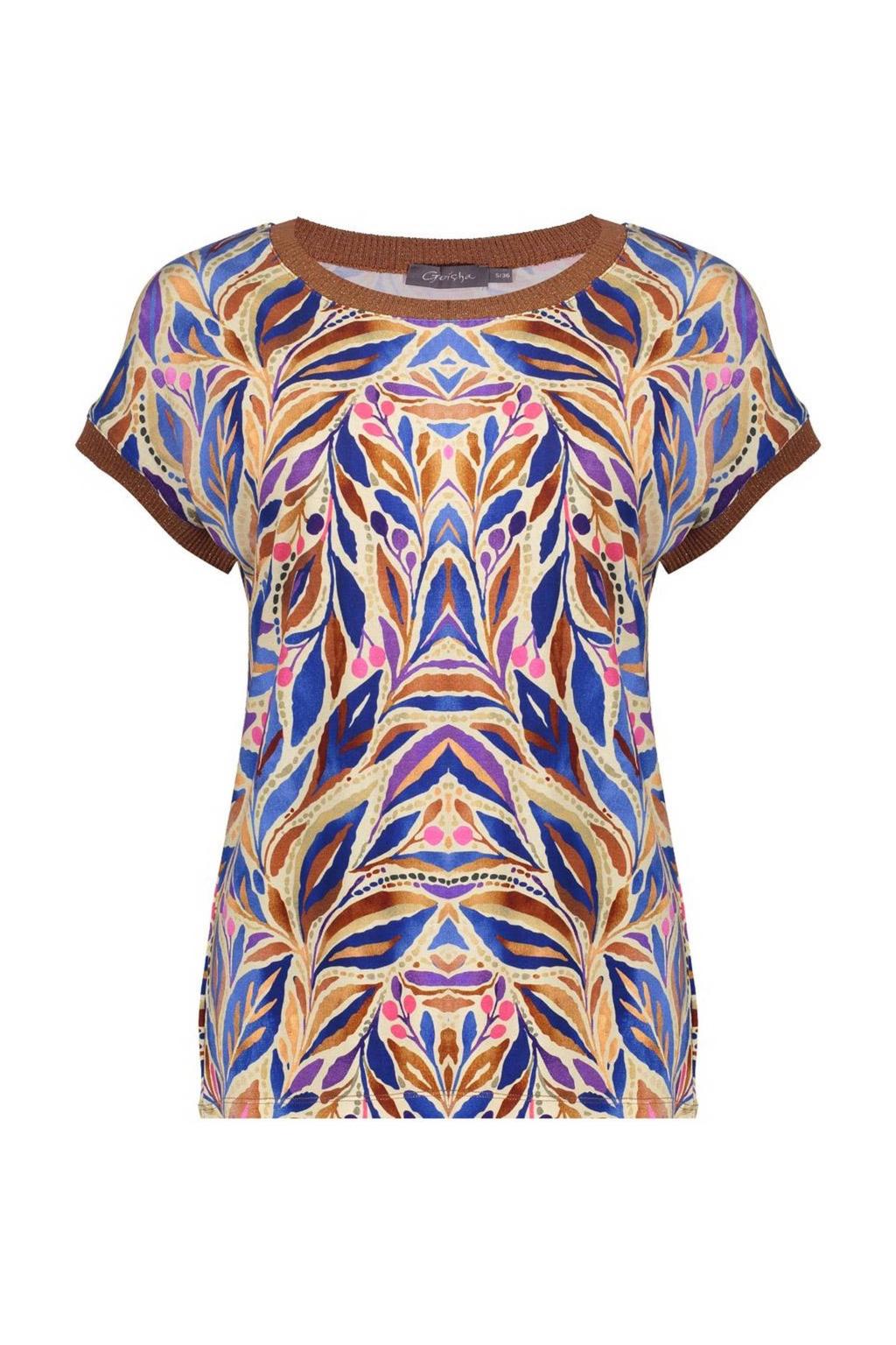 Blauw en bruine dames Geisha rechtvallende top bies en print met korte mouwen en ronde hals
