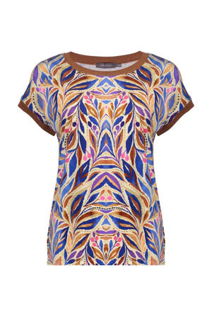 rechtvallende top met contrast bies en print - blauw
