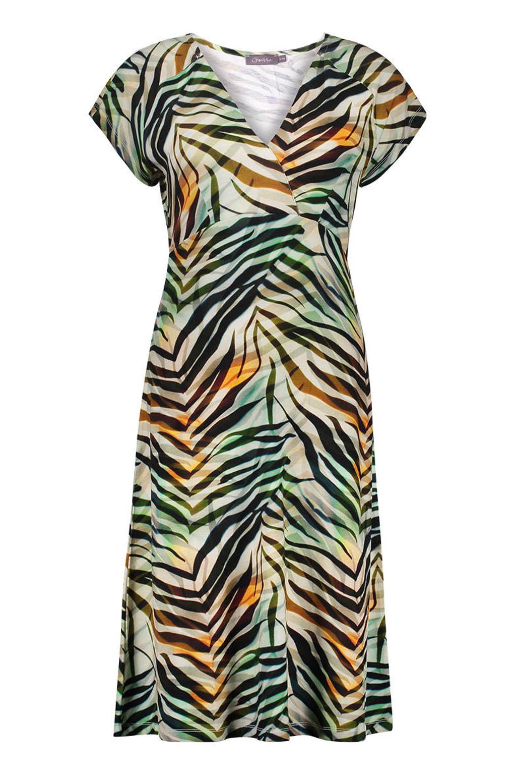 Groen, zwart en oranje dames Geisha zomerjurk detail van viscose met bladprint, korte mouwen en V-hals