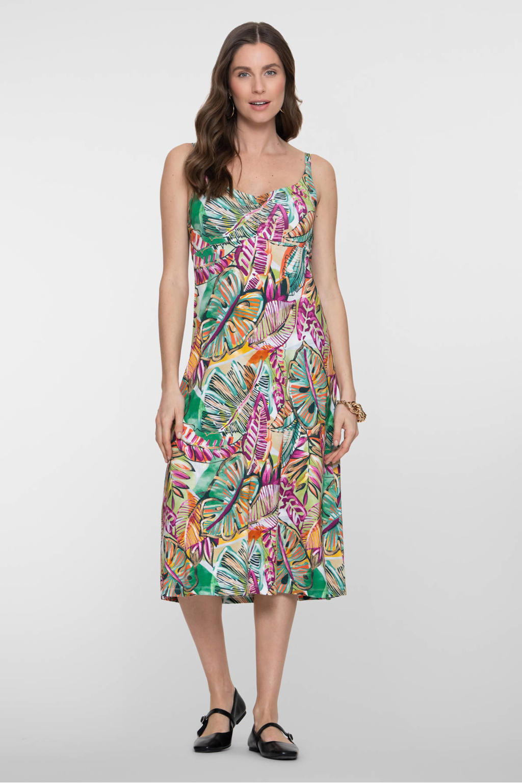 Groen, roze en oranje dames Geisha zomerjurk van viscose met bladprint, spaghettibandjes en V-hals