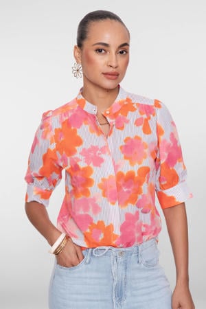 gestreepte gebloemde blouse roze
