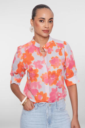 gestreepte gebloemde blouse roze