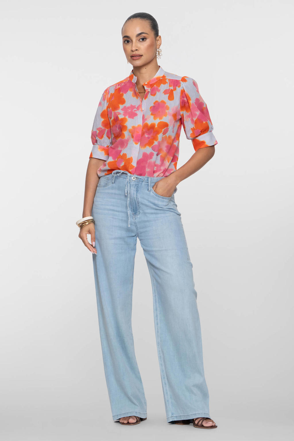 Light blue denim dames Geisha high waist wide leg jeans van denim met rits- en knoopsluiting en effen
