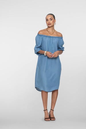 off shoulder jurk medium blue denim