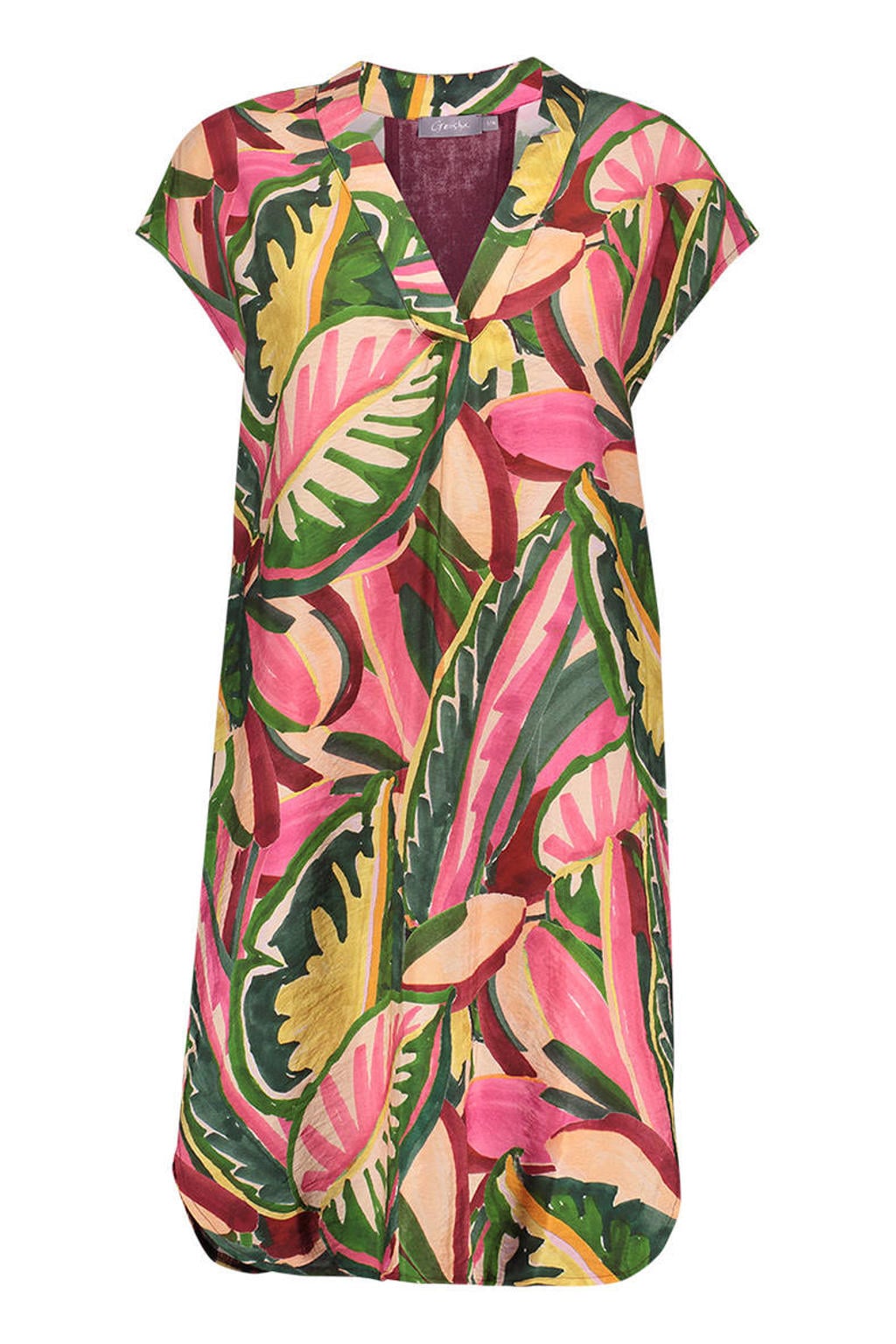 Groen, roze en oranje dames Geisha zomerjurk van viscose met korte mouwen en V-hals