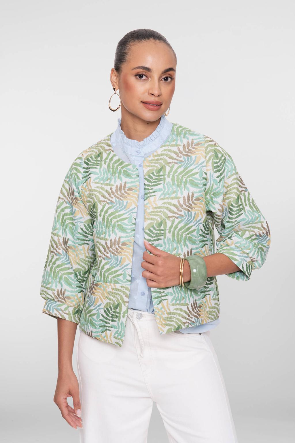 Groene dames Geisha jack van polyester met bladprint, driekwart mouwen en ronde hals