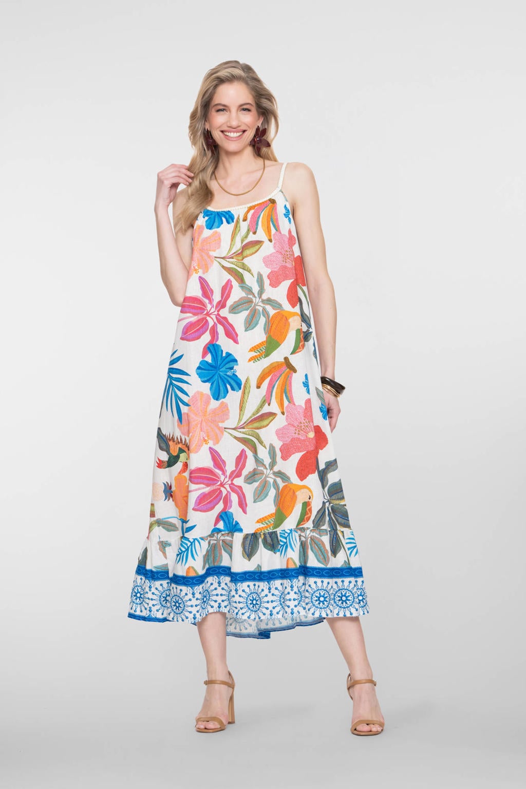Multikleurige dames Geisha linnen zomerjurk met grafische print, spaghettibandjes en vierkante hals