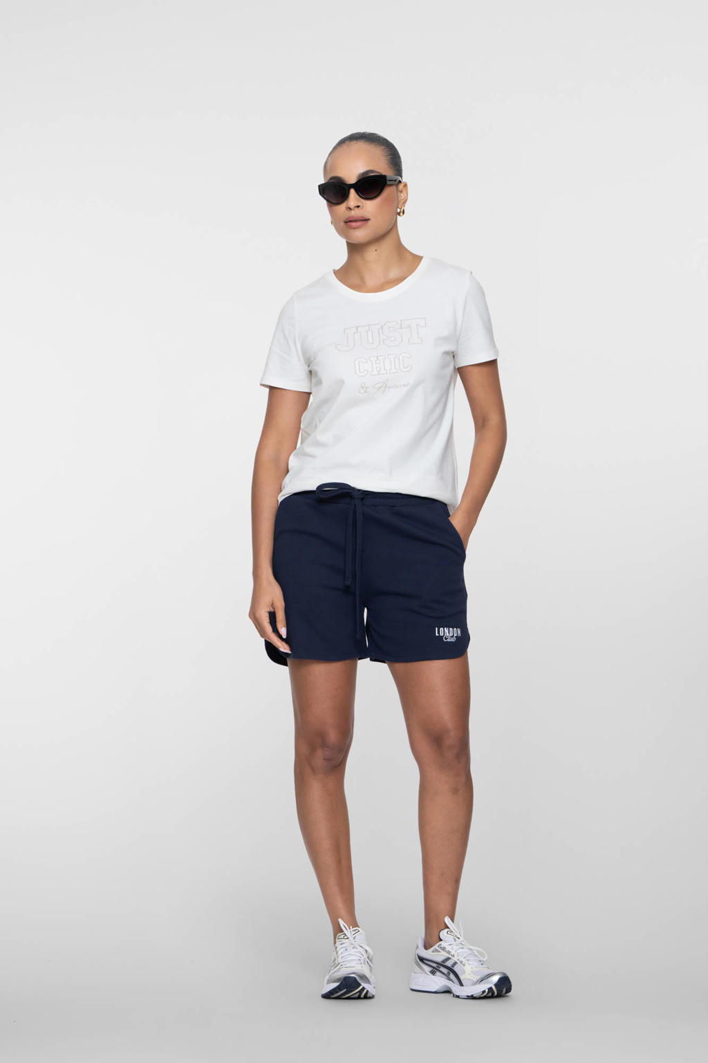 Donkerblauwe dames Geisha baggy regular waist sweatshort van katoen met elastische tailleband met koord en effen