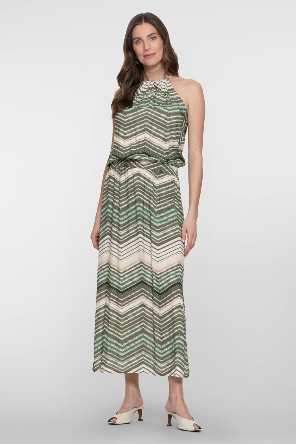 Groen en witte dames Geisha gestreepte halterjurk van viscose met elastische tailleband en smockwerk