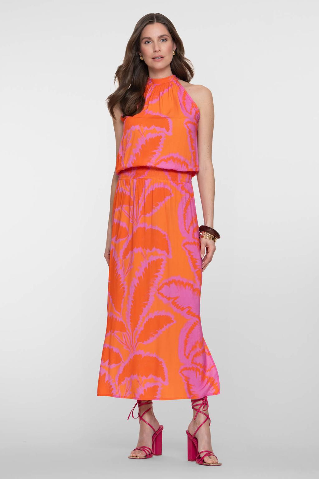 Oranje en roze dames Geisha gebloemde maxi jurk van viscose met halterkraag en striksluiting