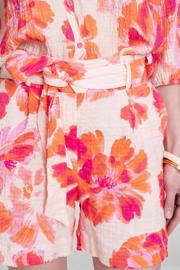 thumbnail: Roze en oranje dames Geisha high waist gebloemde casual short van katoen met loose fit en striksluiting