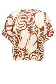 thumbnail: Bruin en ecru dames Geisha top van viscose met korte mouwen en V-hals