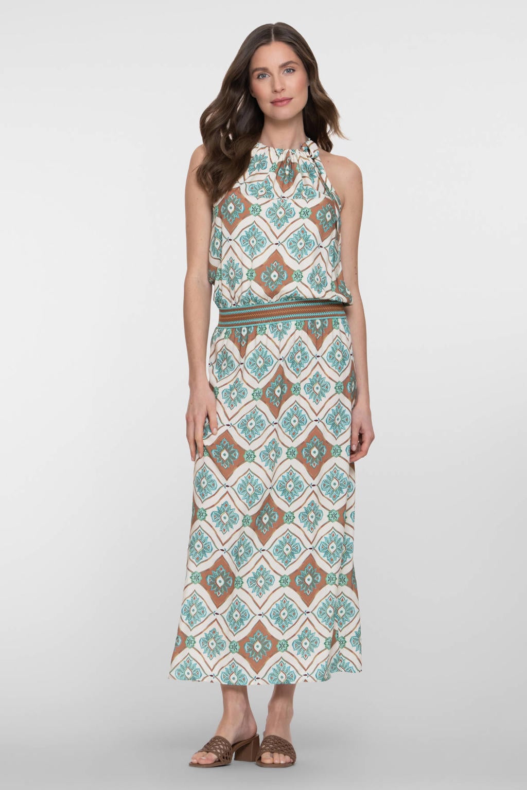 Lichtblauw, ecru en bruine dames Geisha halterjurk met split van viscose