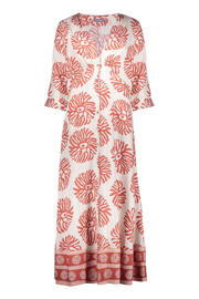 thumbnail: Rood en witte dames Geisha gebloemde blousejurk van viscose met driekwart mouwen, V-hals en knoopsluiting