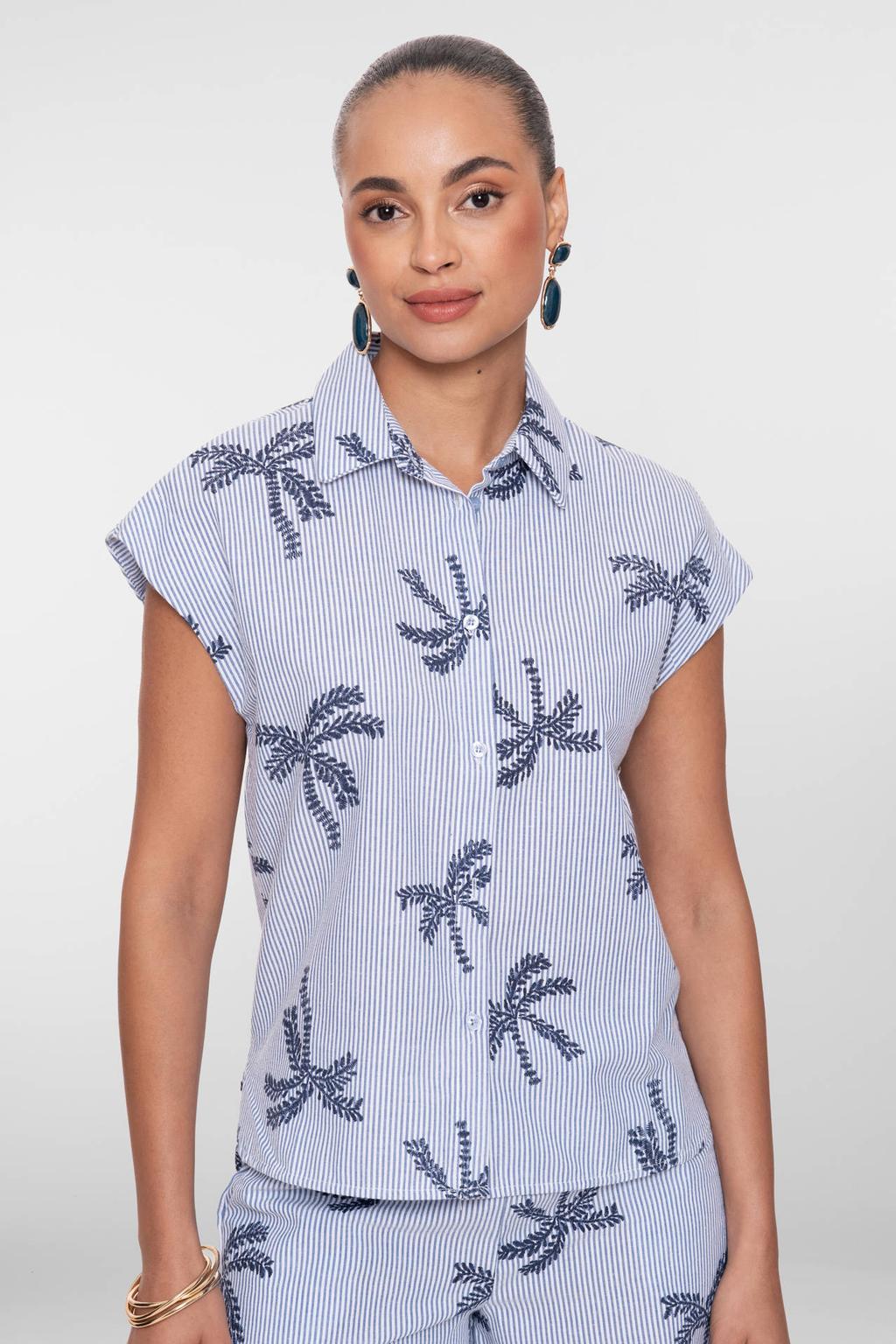 Blauw en ecru dames Geisha gestreepte blouse van polyester met korte mouwen, klassieke kraag, knoopsluiting en borduursels