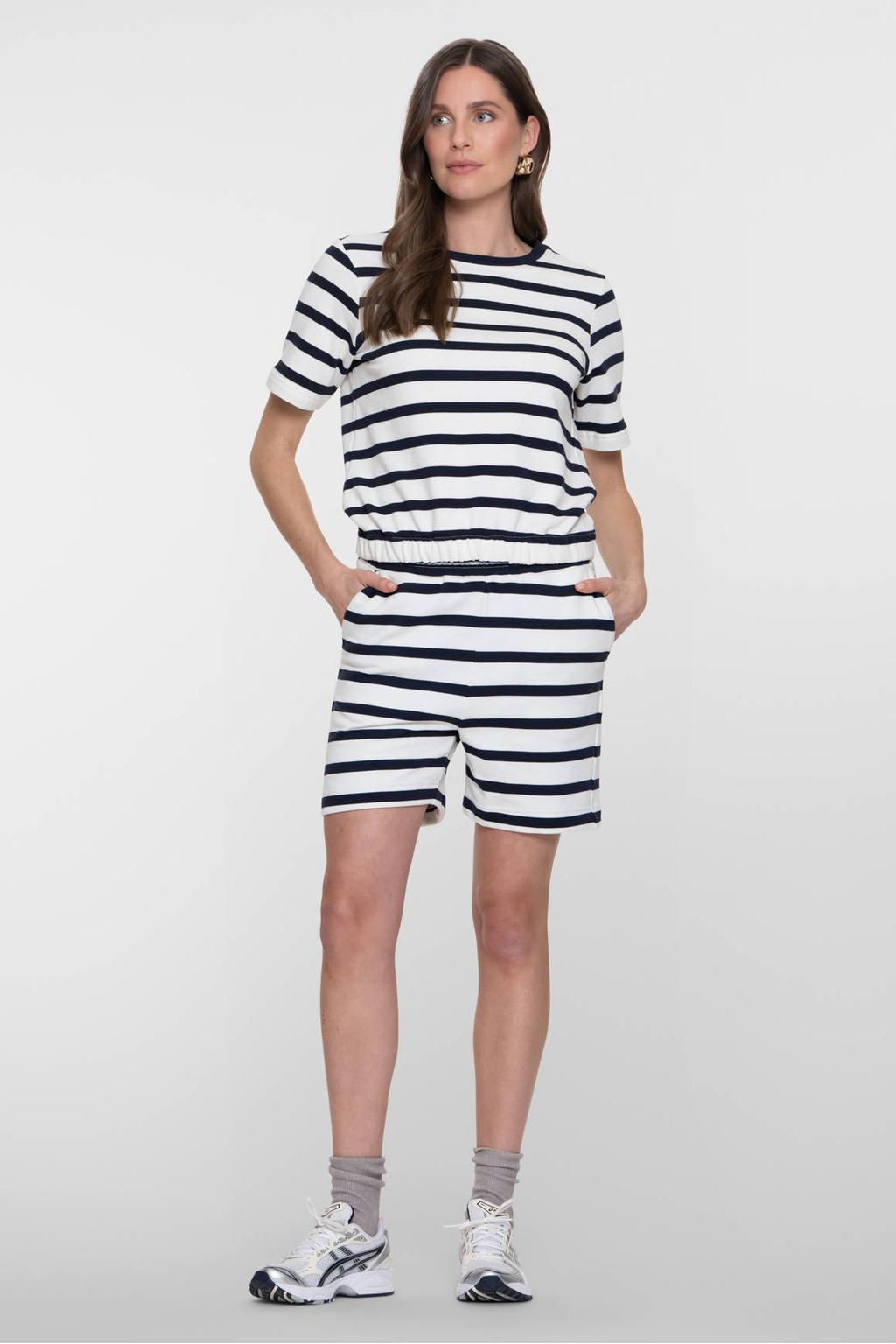 Donkerblauw en witte dames Geisha regular waist gestreepte casual short van katoen met elastische tailleband