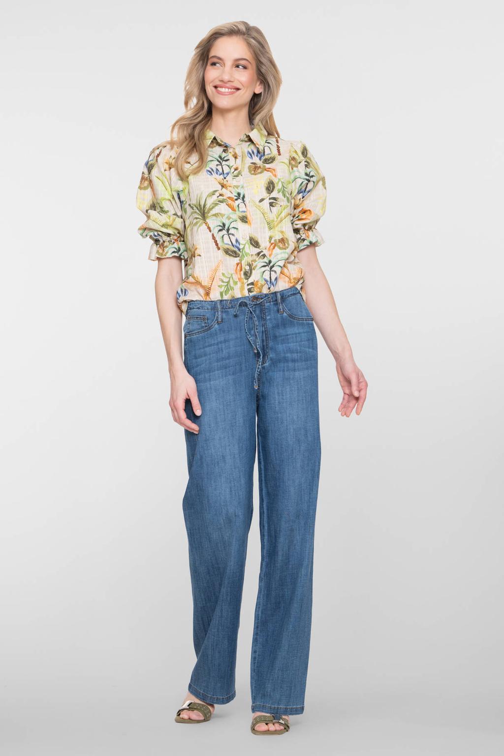 Multikleurige dames Geisha gebloemde blouse van katoen met korte mouwen, klassieke kraag, knoopsluiting en ruches