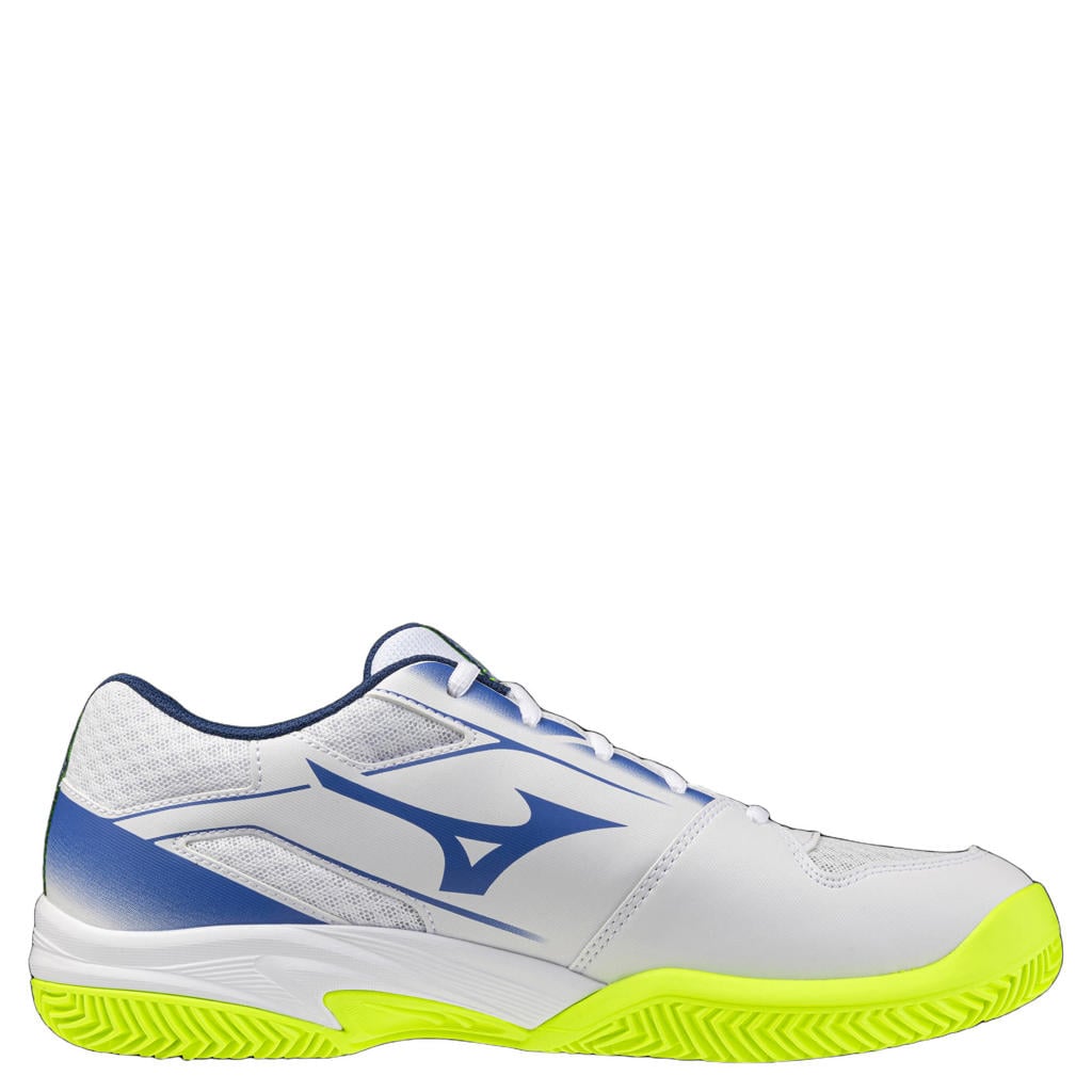 Wit en blauwe heren Mizuno Break Shot 5 CC tennisschoenen van 85% synthetisch/15% textiel met veters