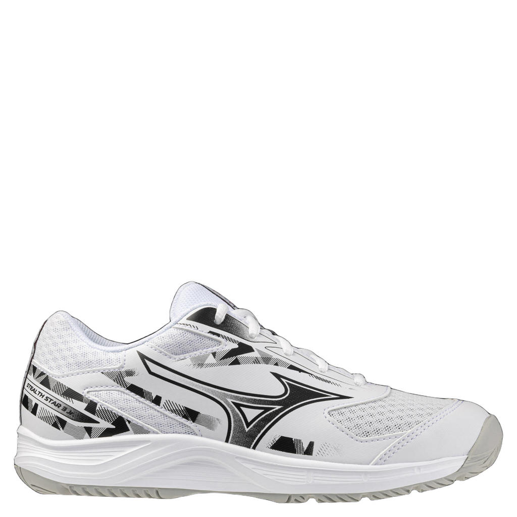 Wit en zwarte jongens en meisjes Mizuno Stealth Star 3 zaalsportschoenen van 85% synthetisch/15% textiel met veters