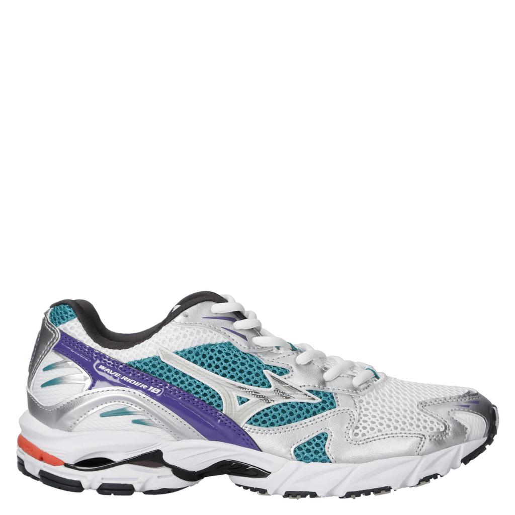 Wit, zilver en petrolkleurige dames Mizuno S.L. Wave Rider 10 sneakers van 88% textiel/12% synthetisch met veters