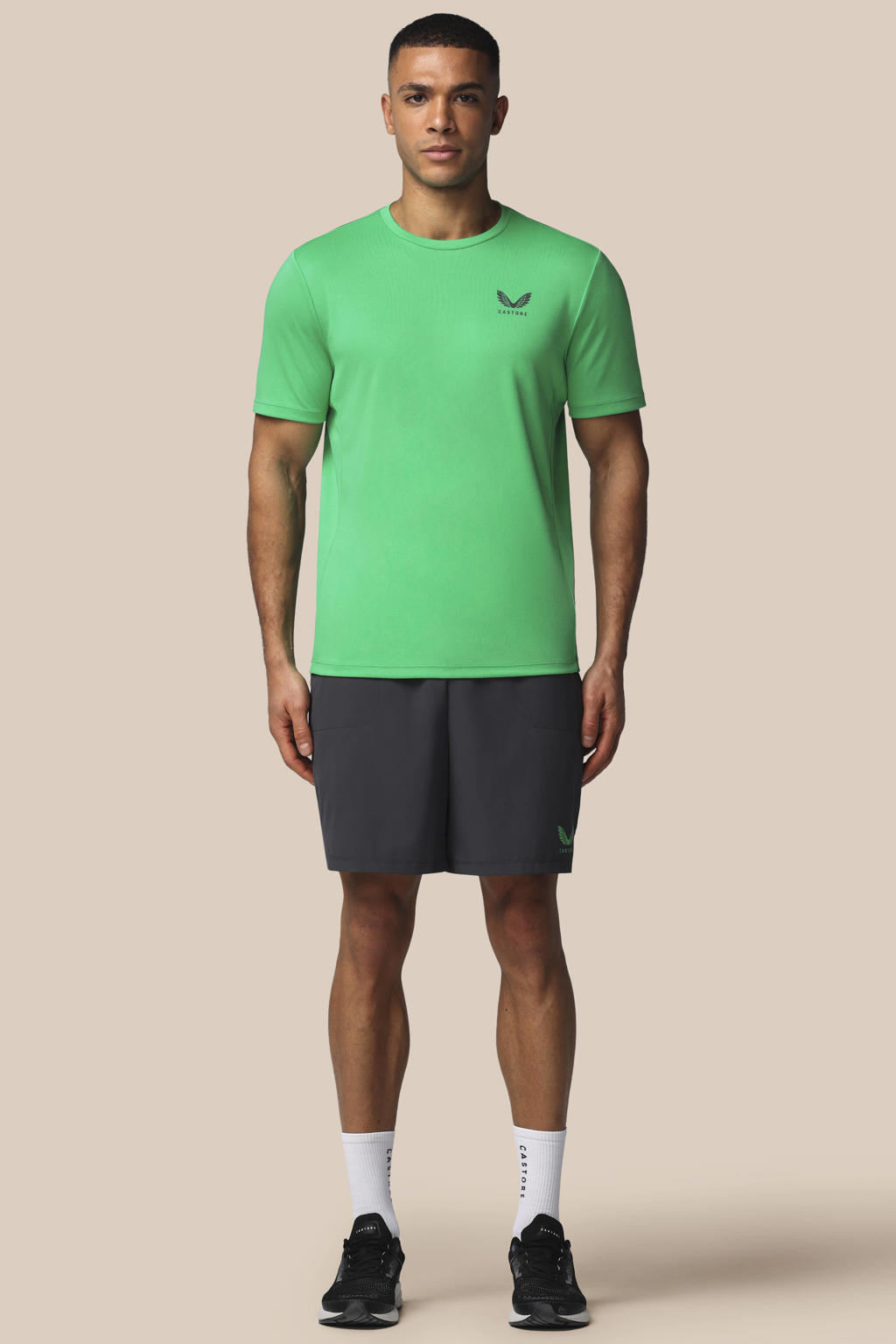 Groen en grijze heren Castore T-shirt van polyester met effen, korte mouwen en ronde hals