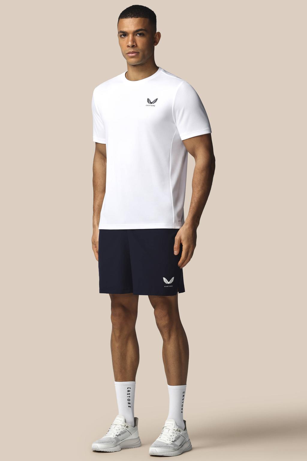 Wit en donkerblauwe heren Castore T-shirt van polyester met effen, korte mouwen en ronde hals