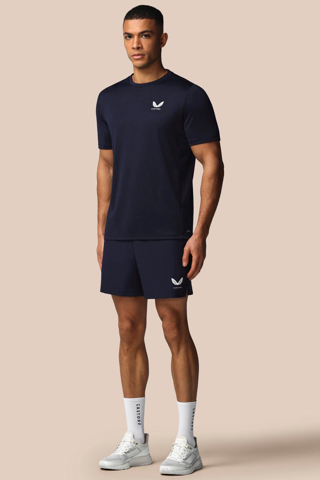 Donkerblauw en witte heren Castore T-shirt van polyester met effen, korte mouwen en ronde hals