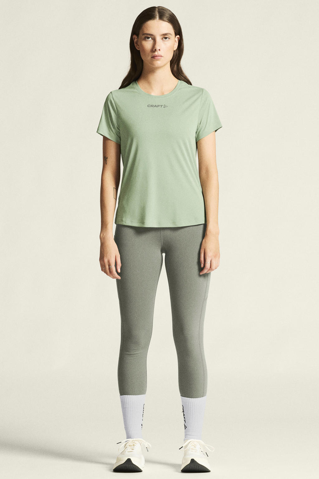 Groene dames Craft Core Essence hardloopshirt van polyester met effen, korte mouwen en ronde hals