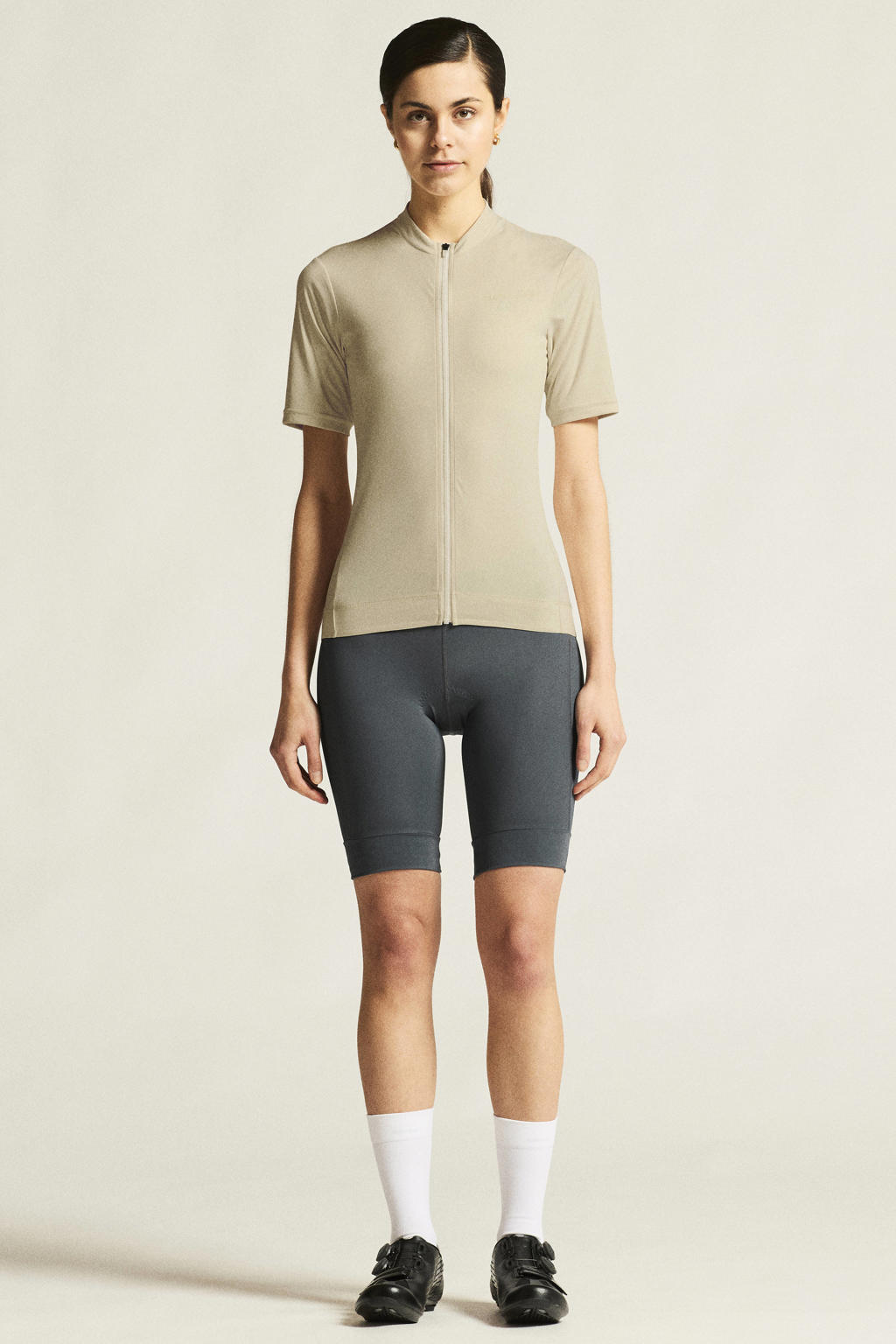 Beige dames Craft Everyday fietsshirt van polyester met korte mouwen, opstaande kraag en ritssluiting