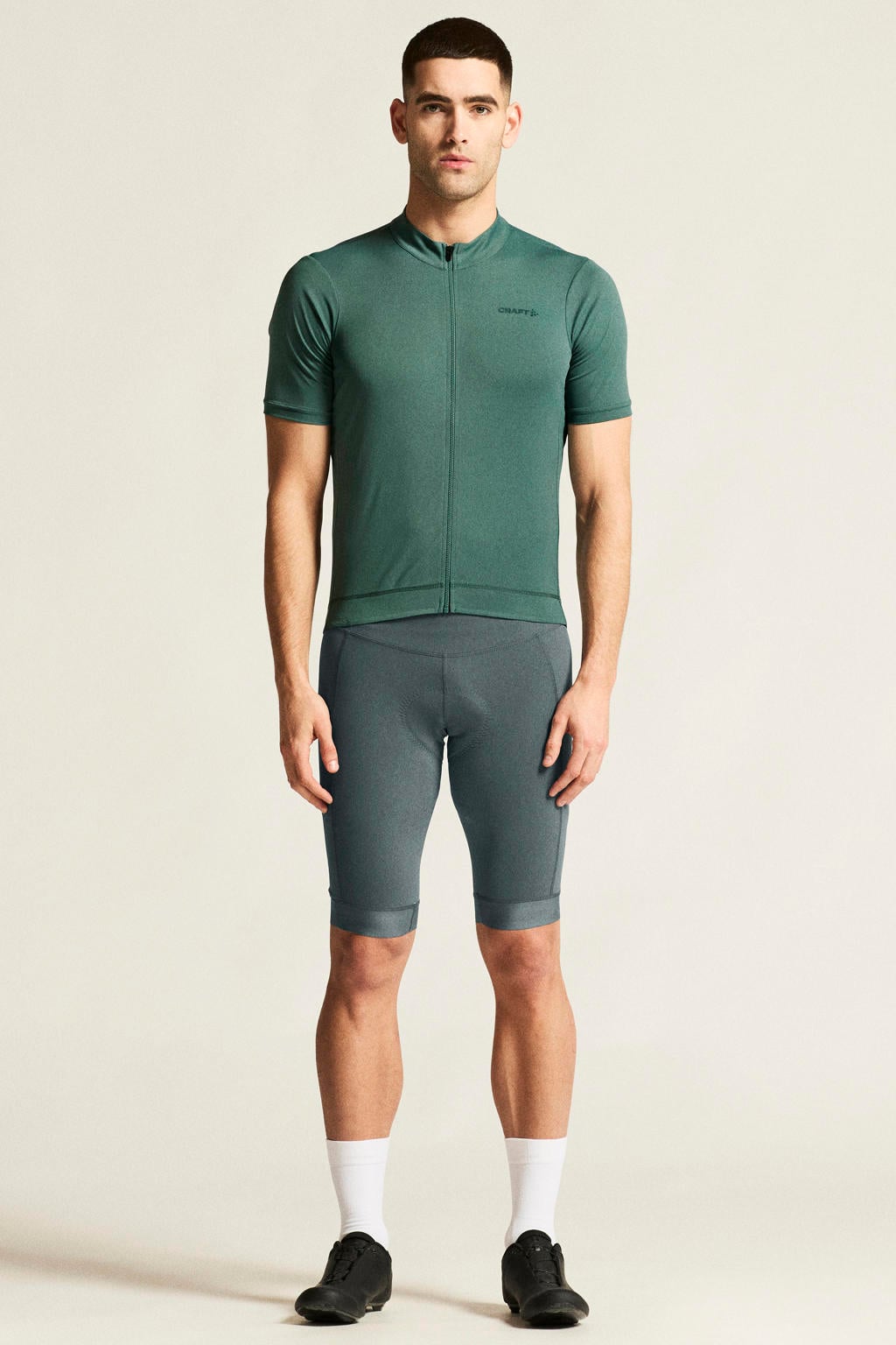 Groene heren Craft Everyday fietsshirt van polyester met korte mouwen en opstaande kraag
