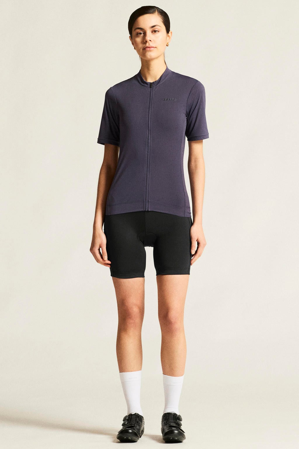 Grijze dames Craft Everyday fietsshirt van polyester met korte mouwen, opstaande kraag en ritssluiting