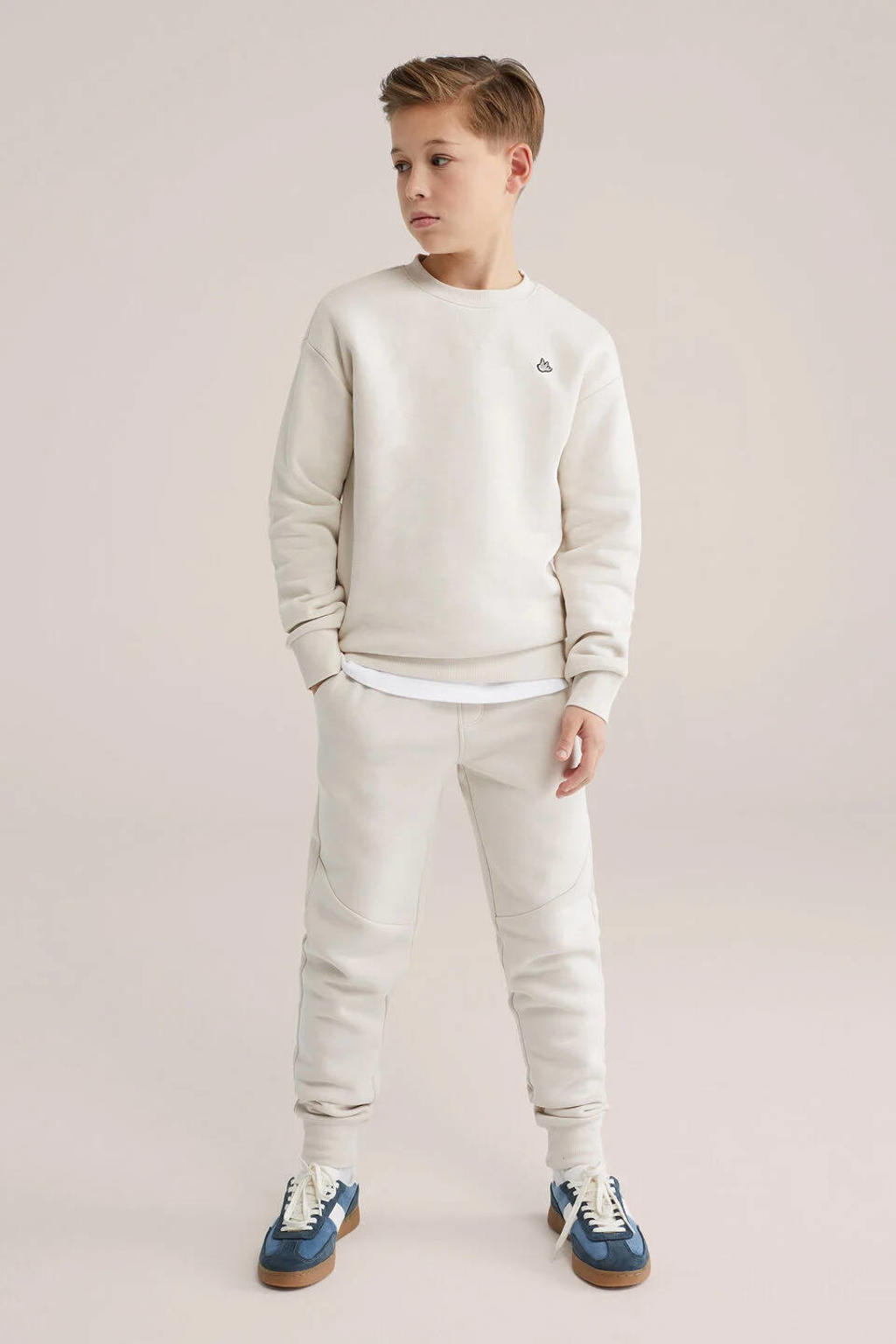 Ecru jongens WE Fashion sweater offwhite met effen, lange mouwen en ronde hals
