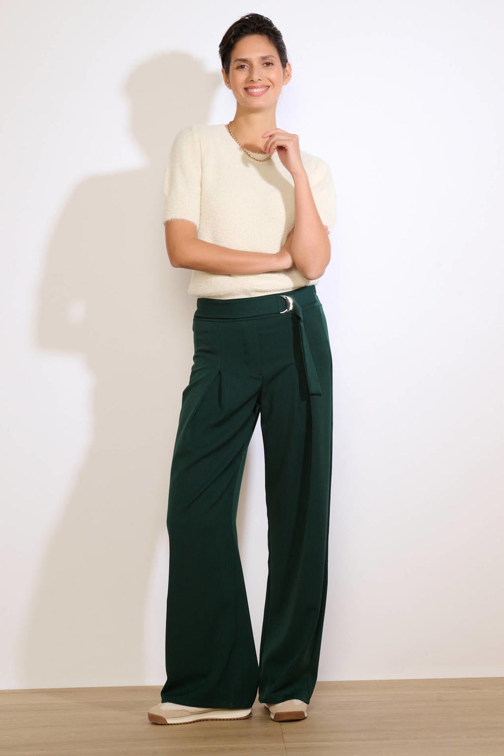 Donkergroene dames LOLALIZA wide leg high waist broek met effen
