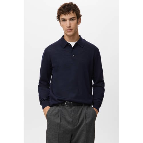 Mango Man trui met wol fijn gebreid donkerblauw afbeelding