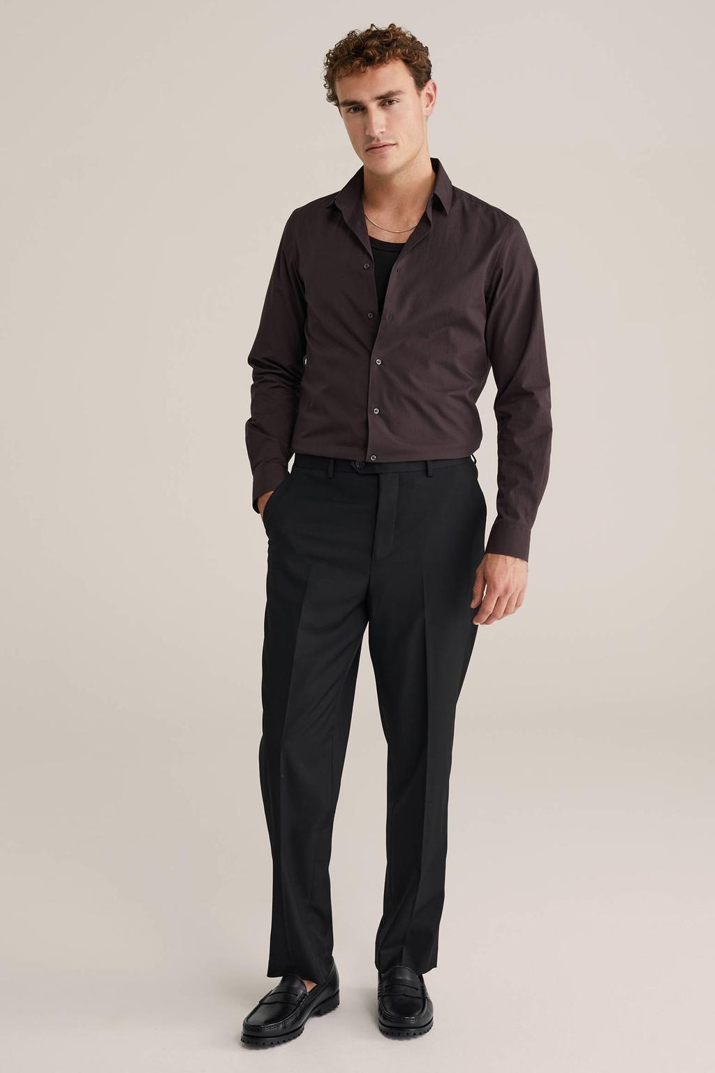 Donkerblauwe heren WE Fashion regular zakelijk overhemd van polyester met effen, lange mouwen, klassieke kraag en knoopsluiting
