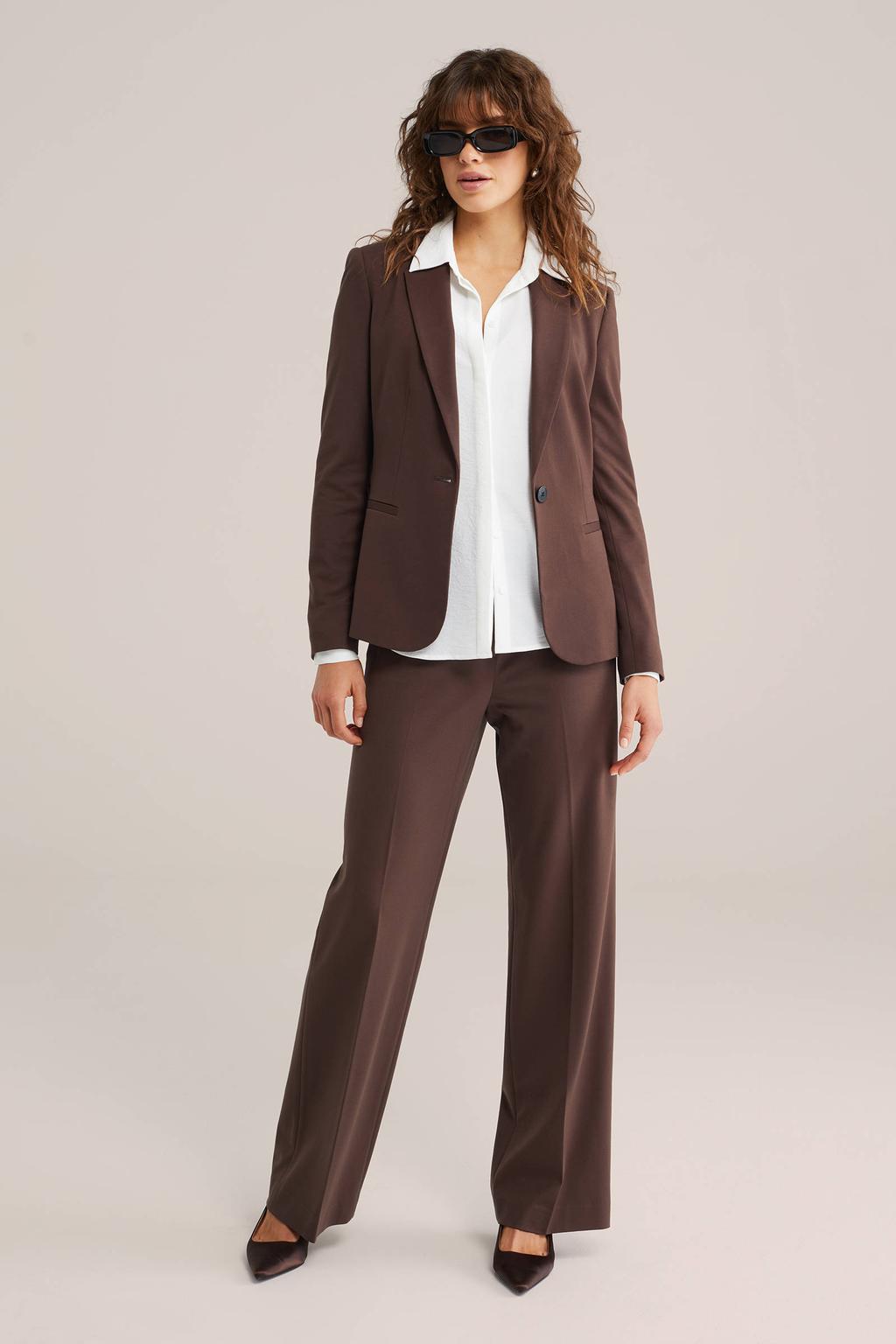 Donkerblauwe dames WE Fashion jersey getailleerde blazer met effen, lange mouwen, reverskraag en knoopsluiting