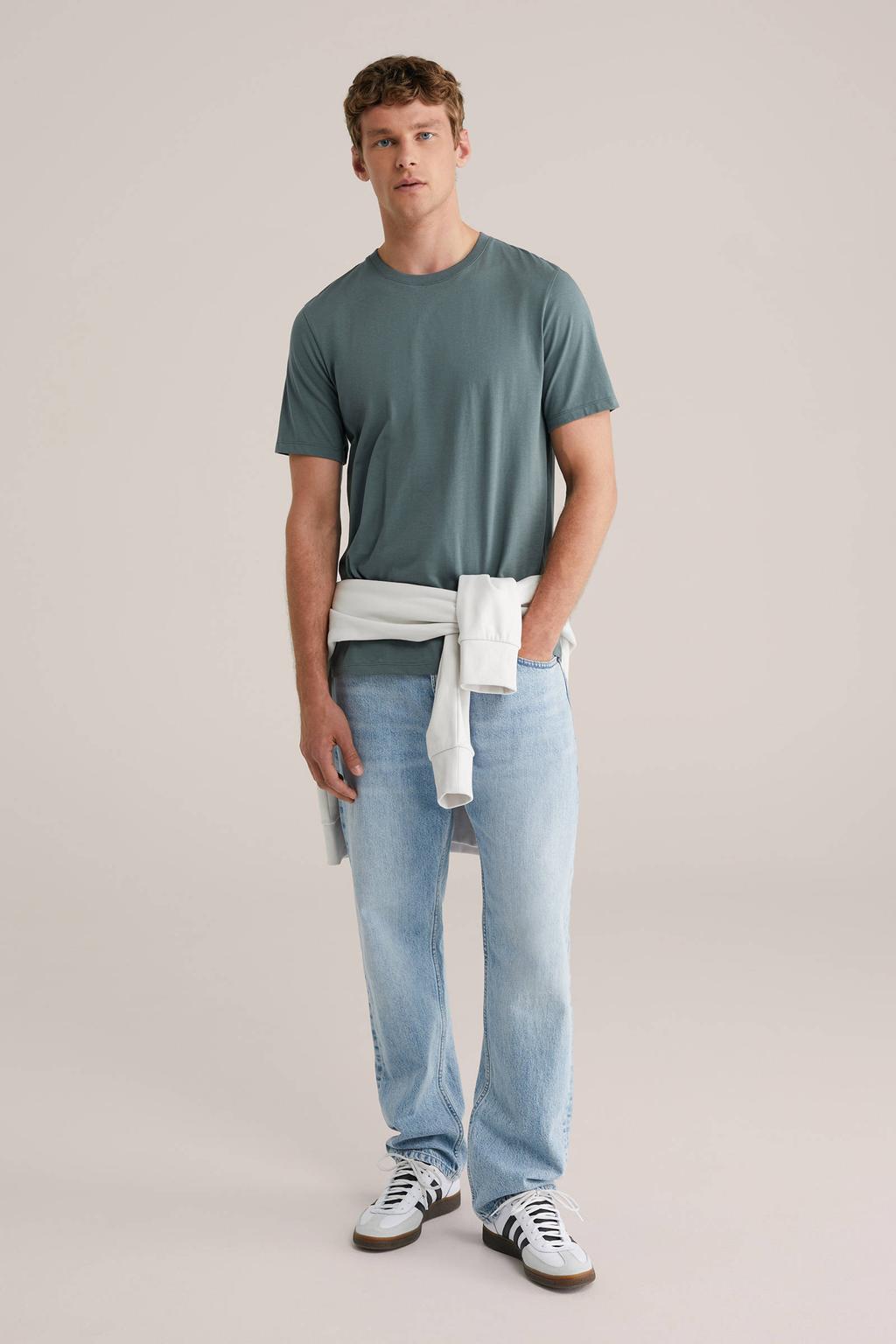 Groene heren WE Fashion regular T-shirt van katoen met effen, korte mouwen en ronde hals