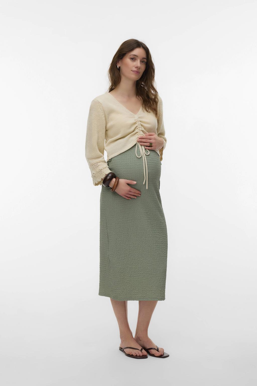 Groene dames MAMALICIOUS zwangerschaps midi rok van polyester met high waist, elastische tailleband en effen