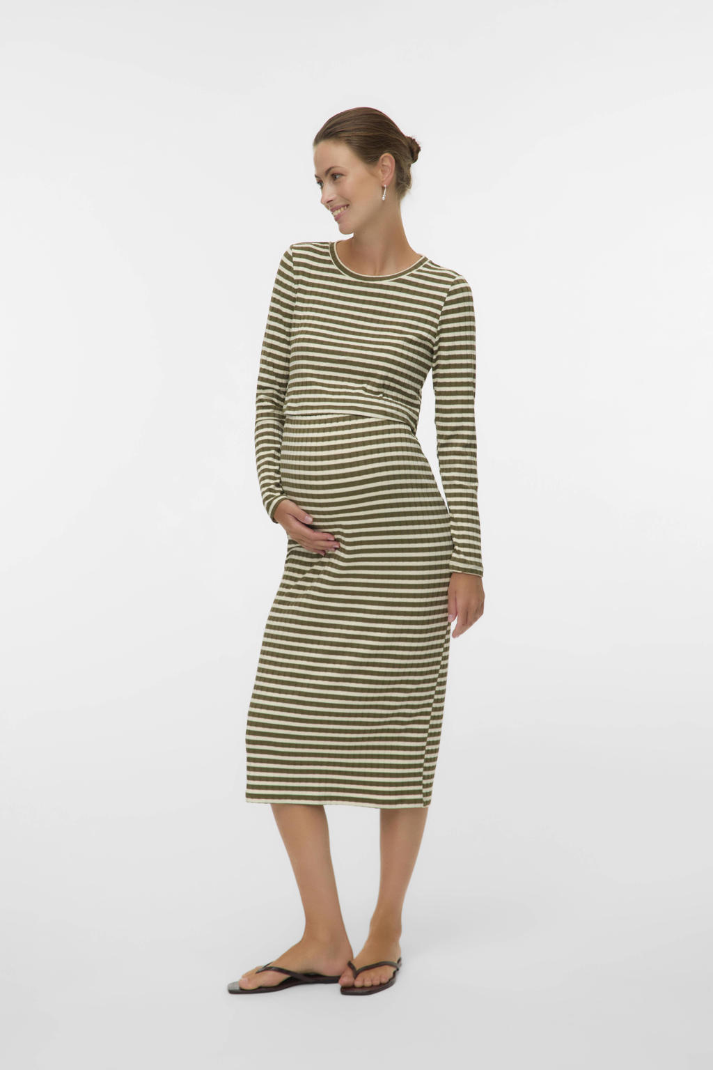 Groene dames MAMALICIOUS gestreepte zwangerschaps midi rok van polyester met regular waist en elastische tailleband
