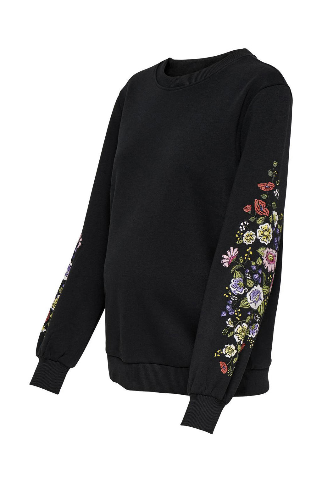 Zwarte dames ONLY MATERNITY zwangerschaps gebloemde sweater van katoen met lange mouwen en ronde hals