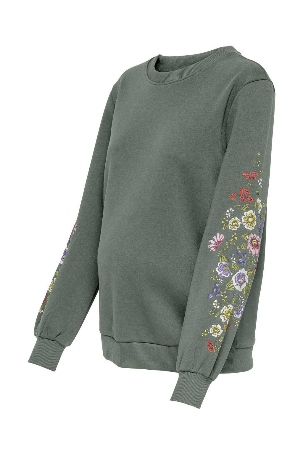 Groene dames ONLY MATERNITY zwangerschaps gebloemde sweater van katoen met lange mouwen en ronde hals